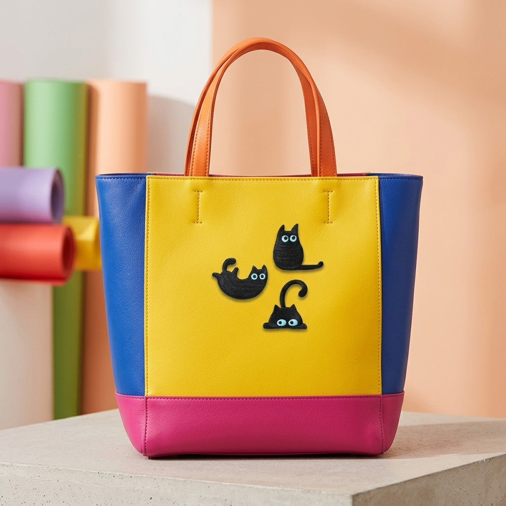 quirky black cat embroidered stick-on patches on a colorful color-block leather tote bag