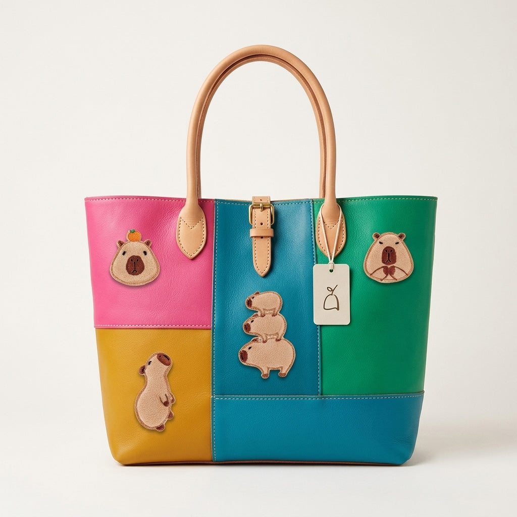 capybara embroidered stick-on patches on a pink teal green and yellow color-block leather tote bag