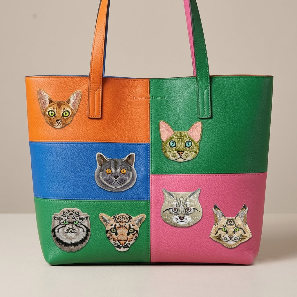 famous cat breed embroidered stick-on patches on a colorful color-block leather tote bag