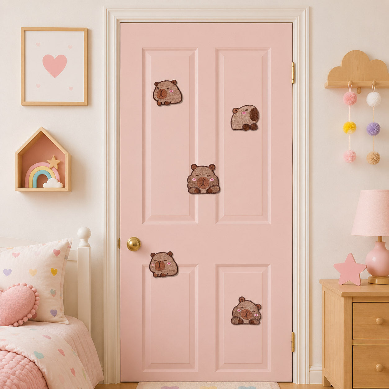 cute chubby capybara with sleepy eyes pink blush sitting lying and back view stick-on patches scattered on a pink door in a pastel bedroom