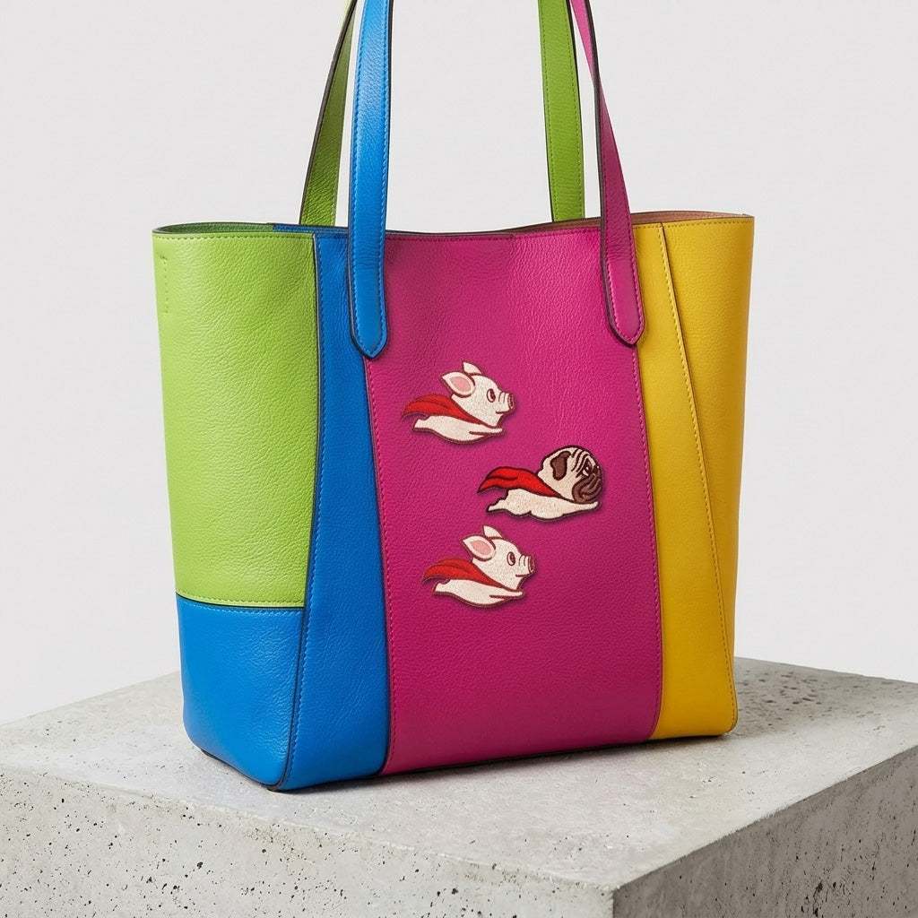 when pigs fly embroidered patches with cape-wearing pig and pug decorating a colorful color-block leather handbag