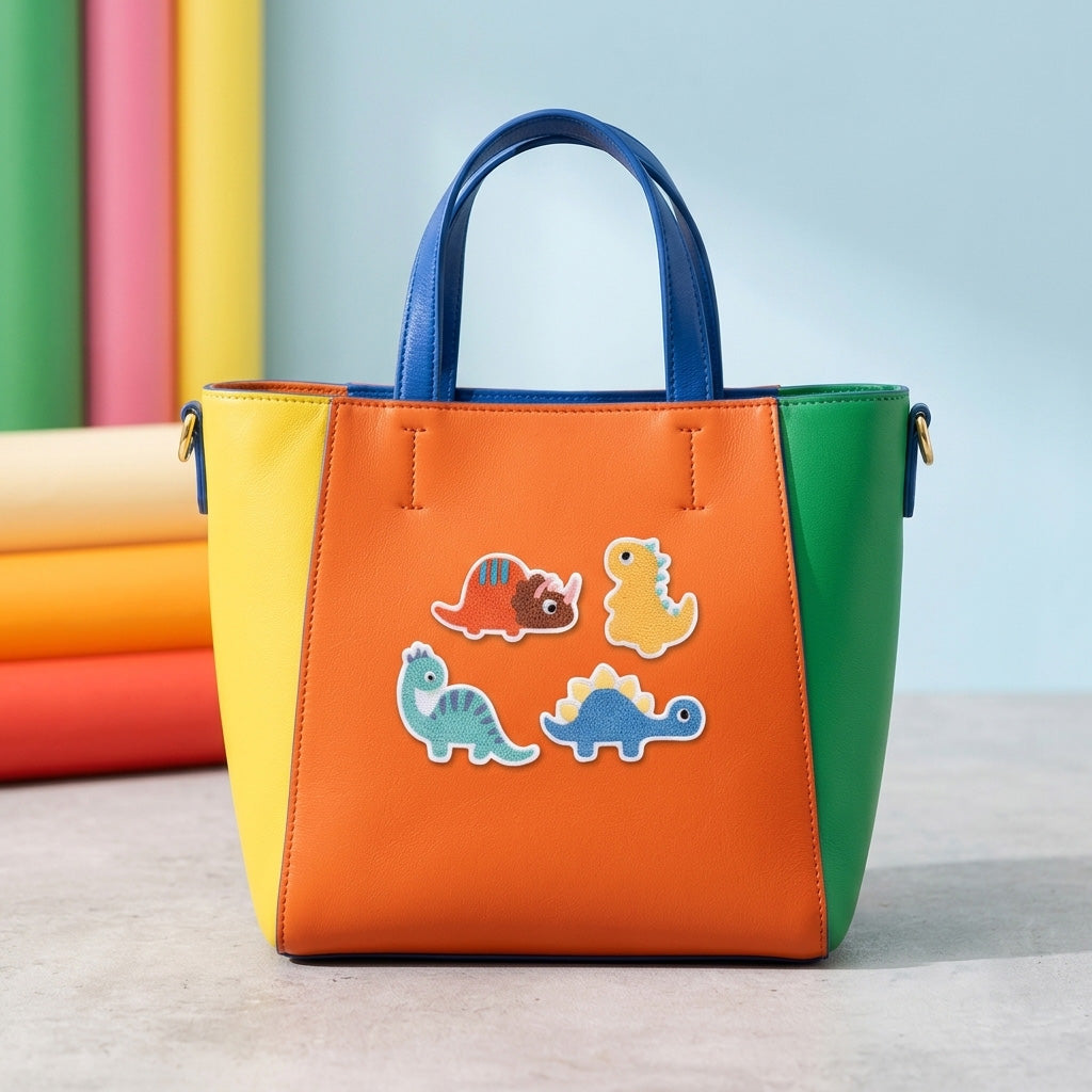 triceratops t-rex and stegosaurus embroidered patches decorating an orange green and yellow handbag