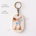 vintage storybook bunny double-sided embroidered keychain charm with keyring