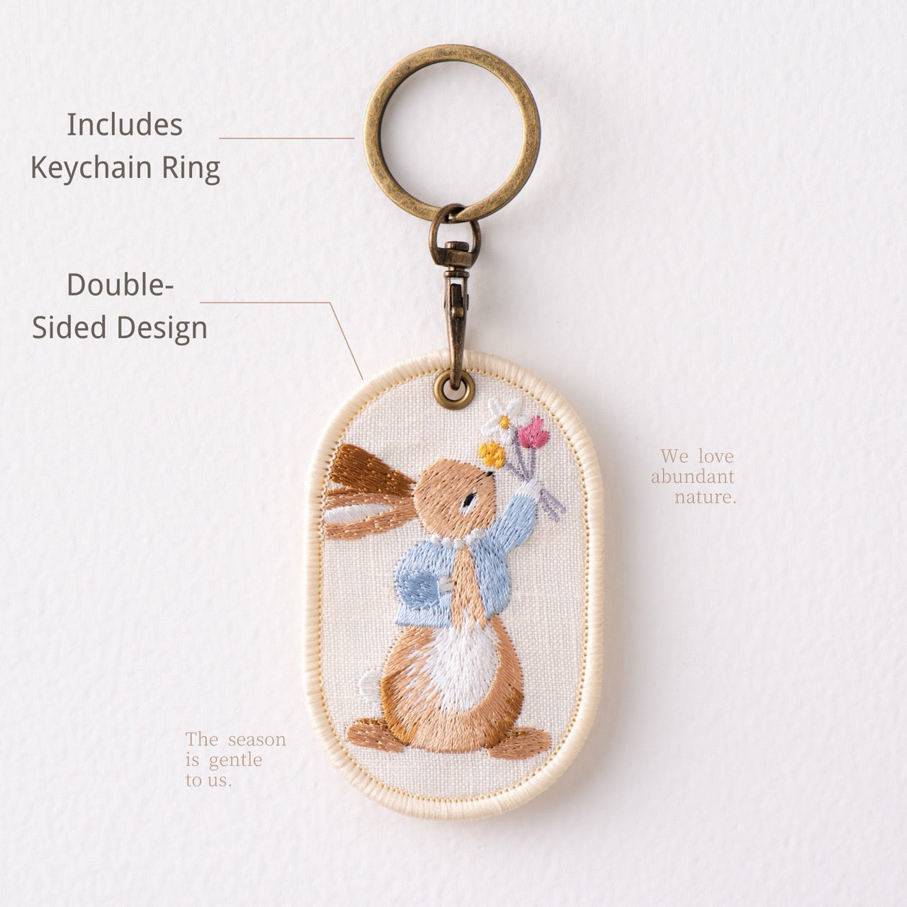 vintage storybook bunny double-sided embroidered keychain charm with keyring