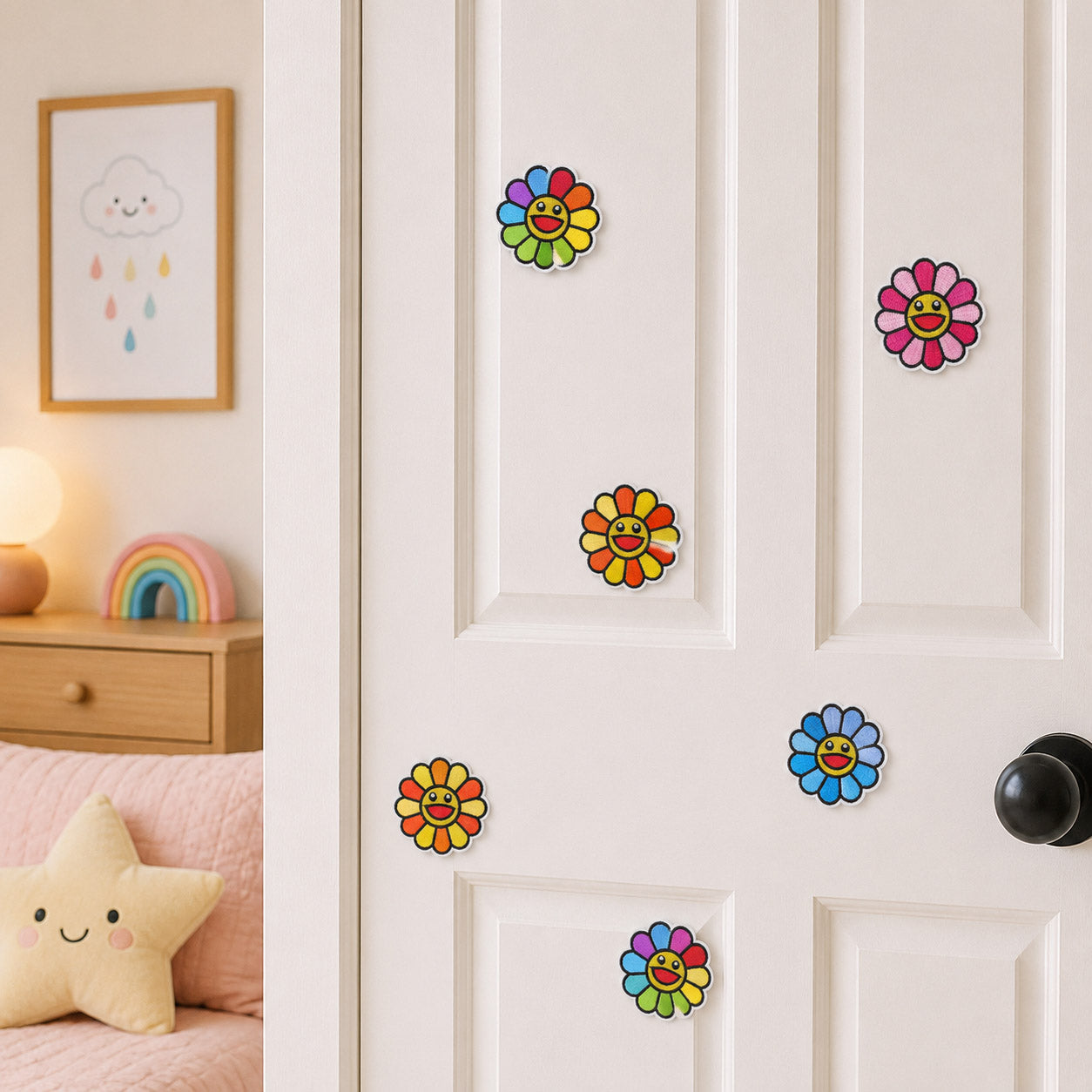rainbow pink orange yellow blue and purple smiley daisy flower stick-on patches scattered on a white bedroom door