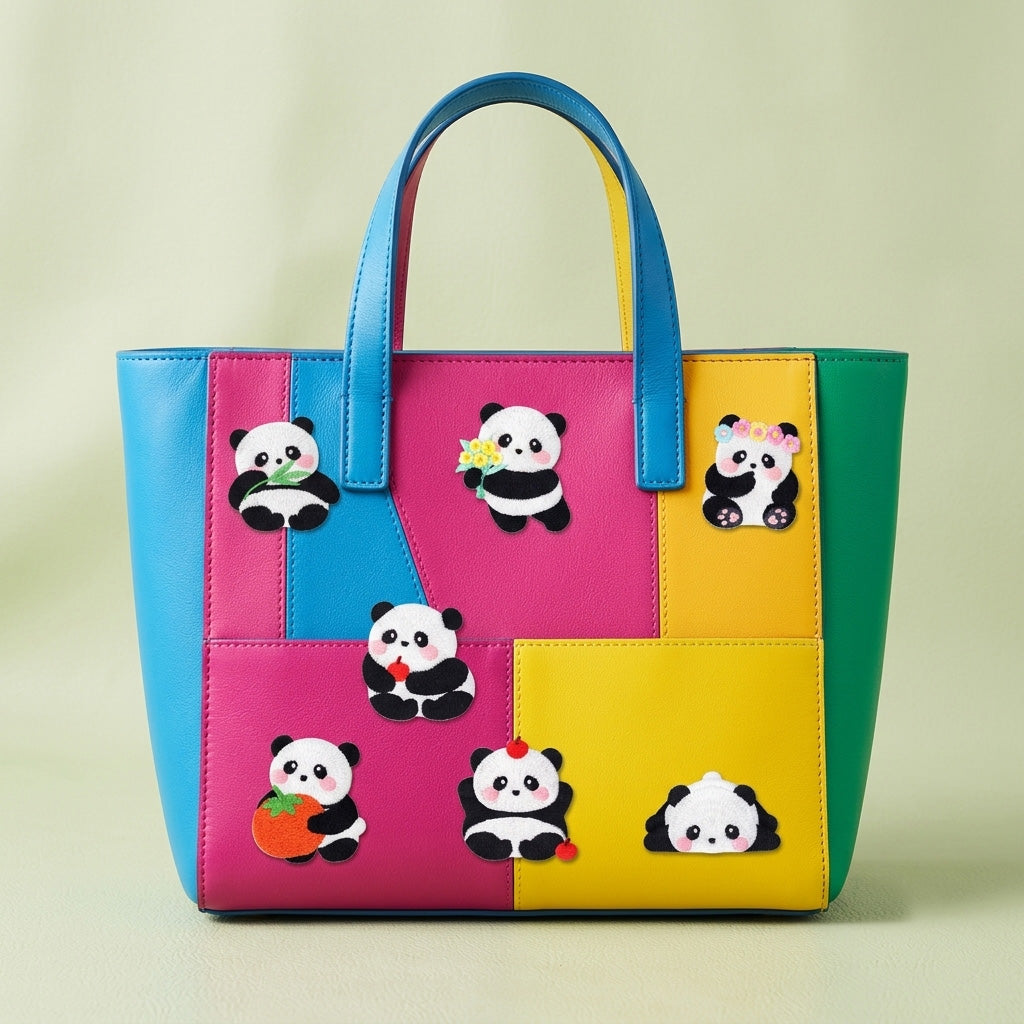 adorable panda embroidered stick-on patches on a blue pink yellow and green color-block leather tote bag