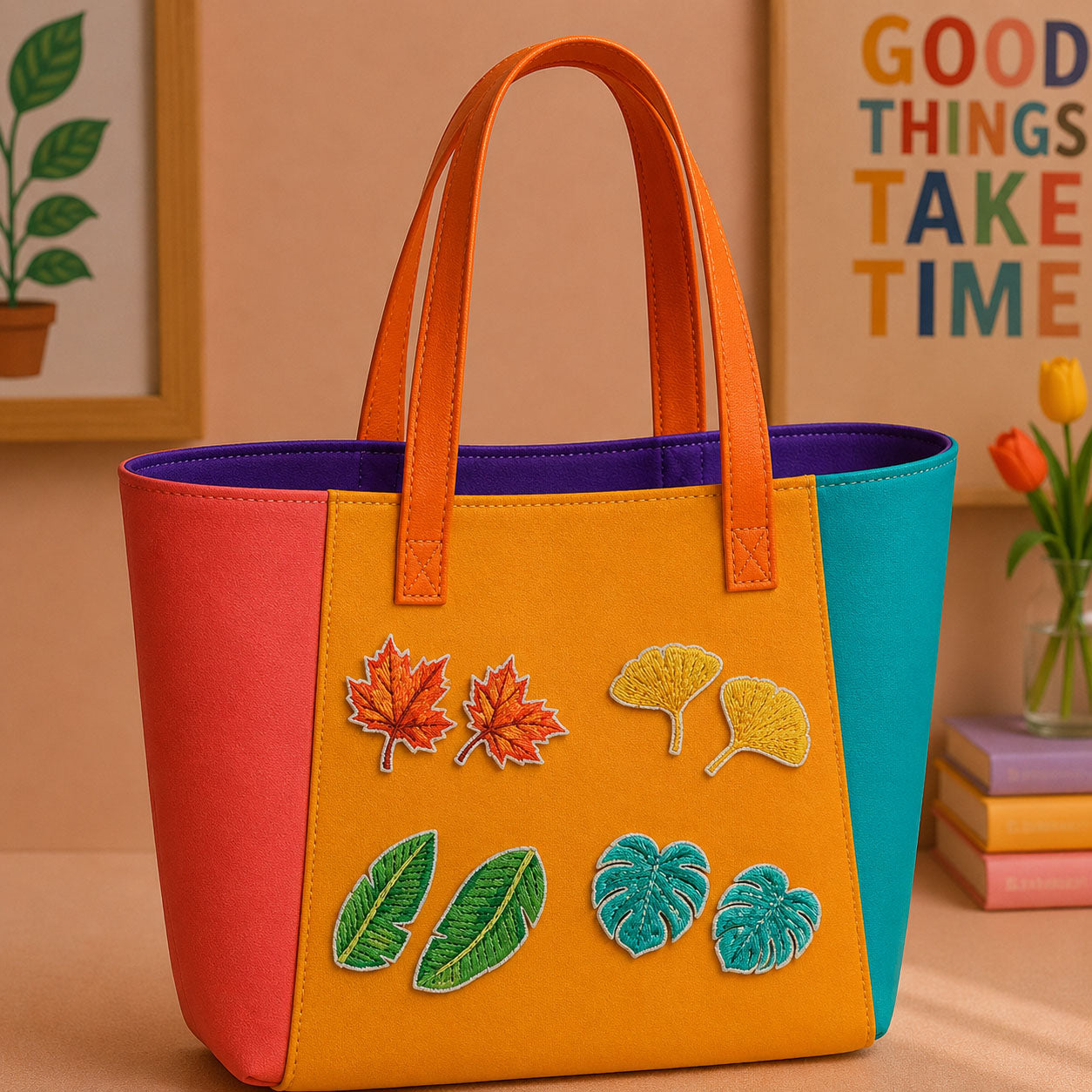maple ginkgo banana leaf and monstera stick-on patches decorating an orange and yellow color-block leather handbag