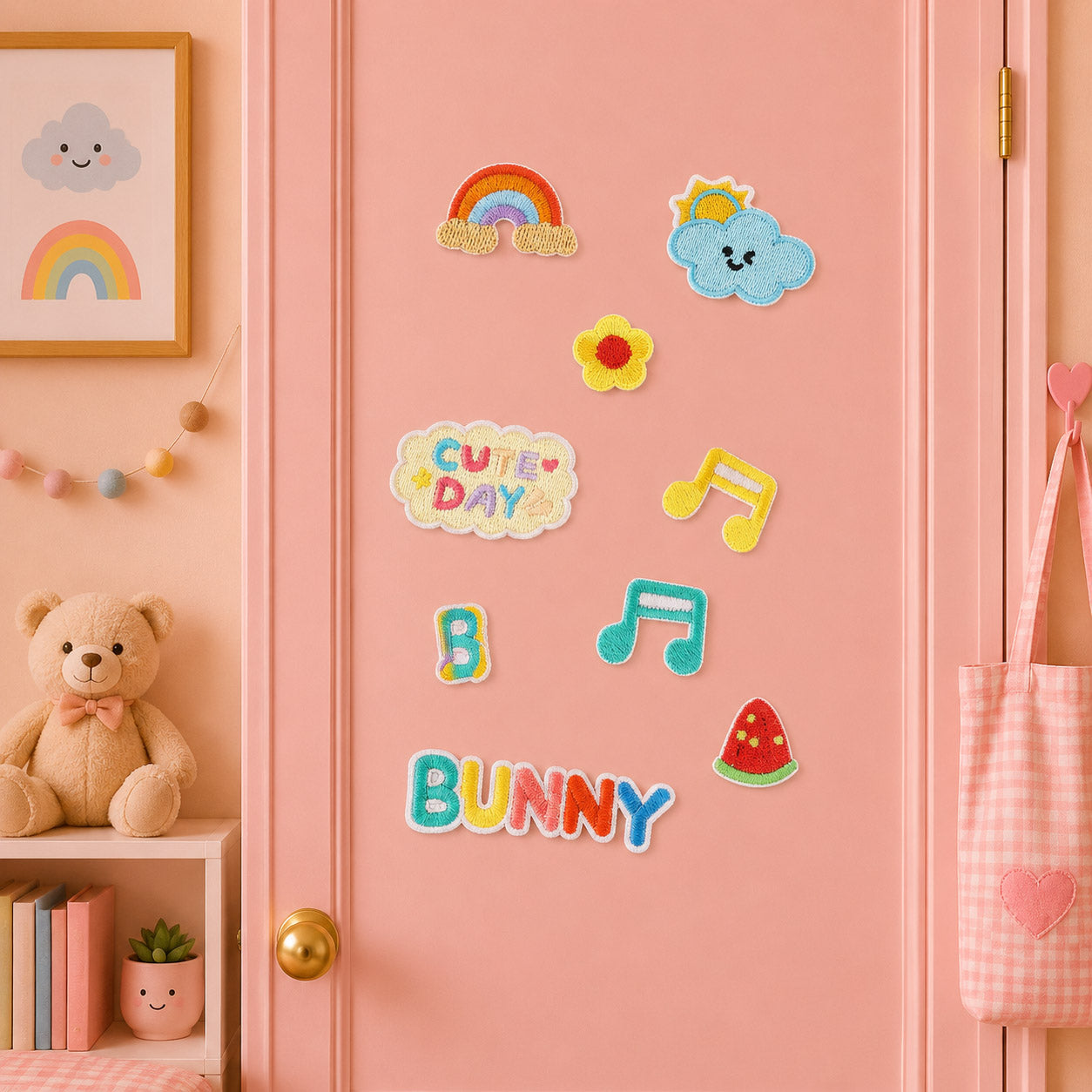 ten rainbow and cute summer embroidered patches with rainbow cloud sunshine flower music notes watermelon and bunny text scattered on a pink bedroom door