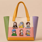 cute cartoon famous painting stick-on patches including Mona Lisa decorating a soft color-block leather handbag