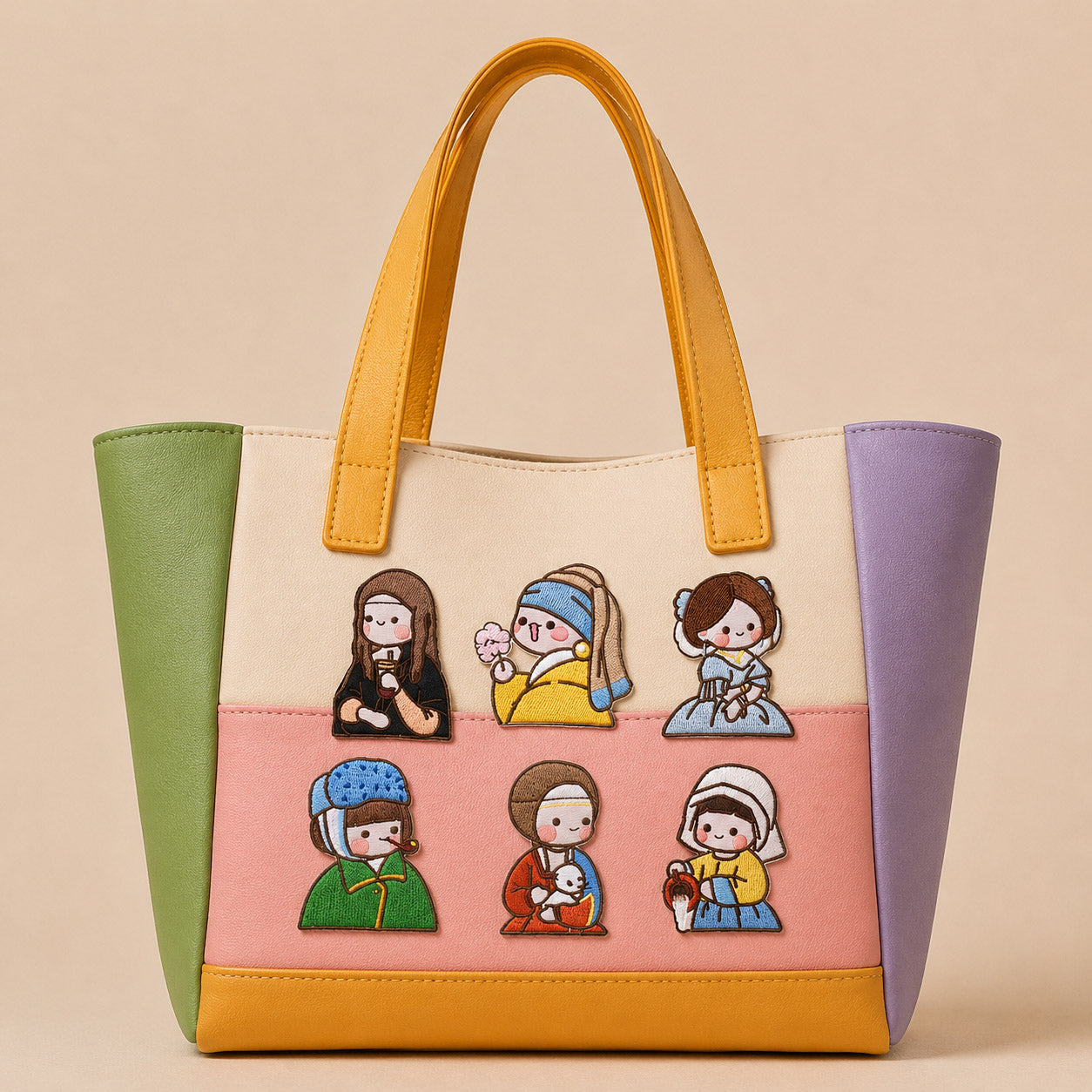 cute cartoon famous painting stick-on patches including Mona Lisa decorating a soft color-block leather handbag