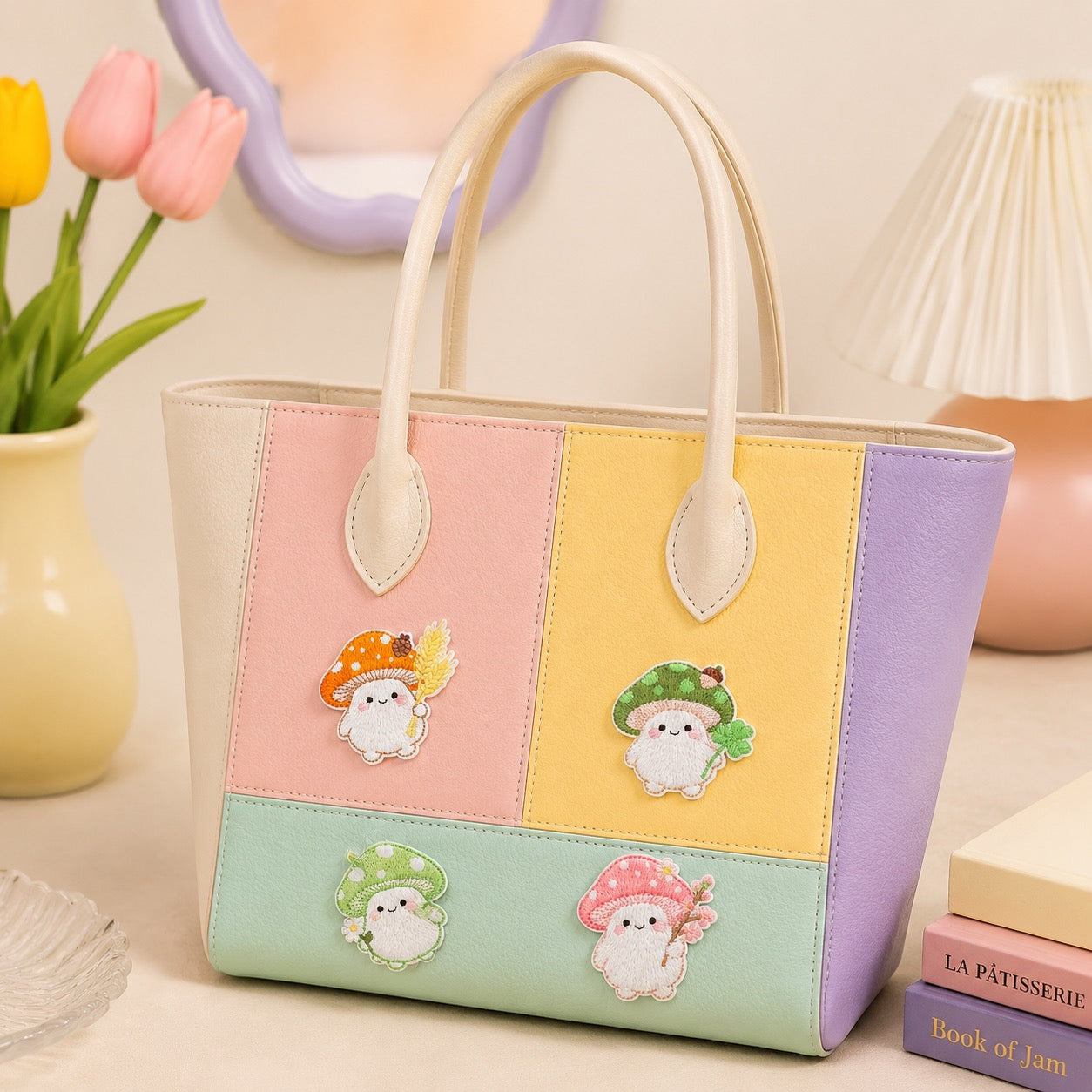 cute four-seasons mushroom baby embroidered stick-on patch on canvas tote bag