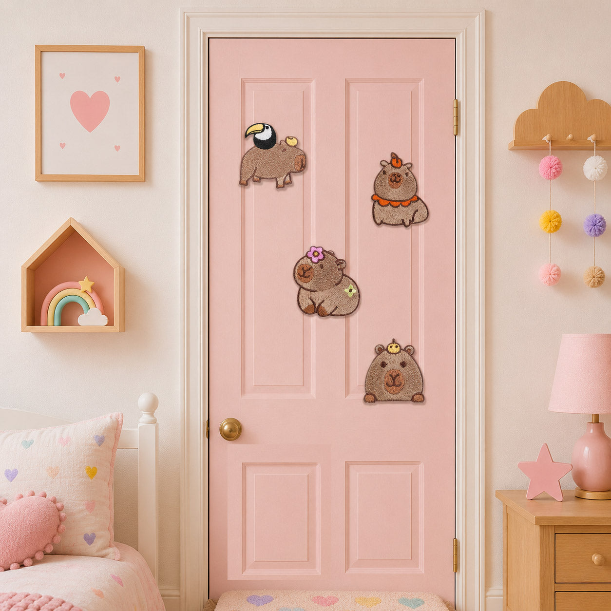 capybara with toucan on back flower crown and baby chick companion in four poses stick-on patches on a pink bedroom door