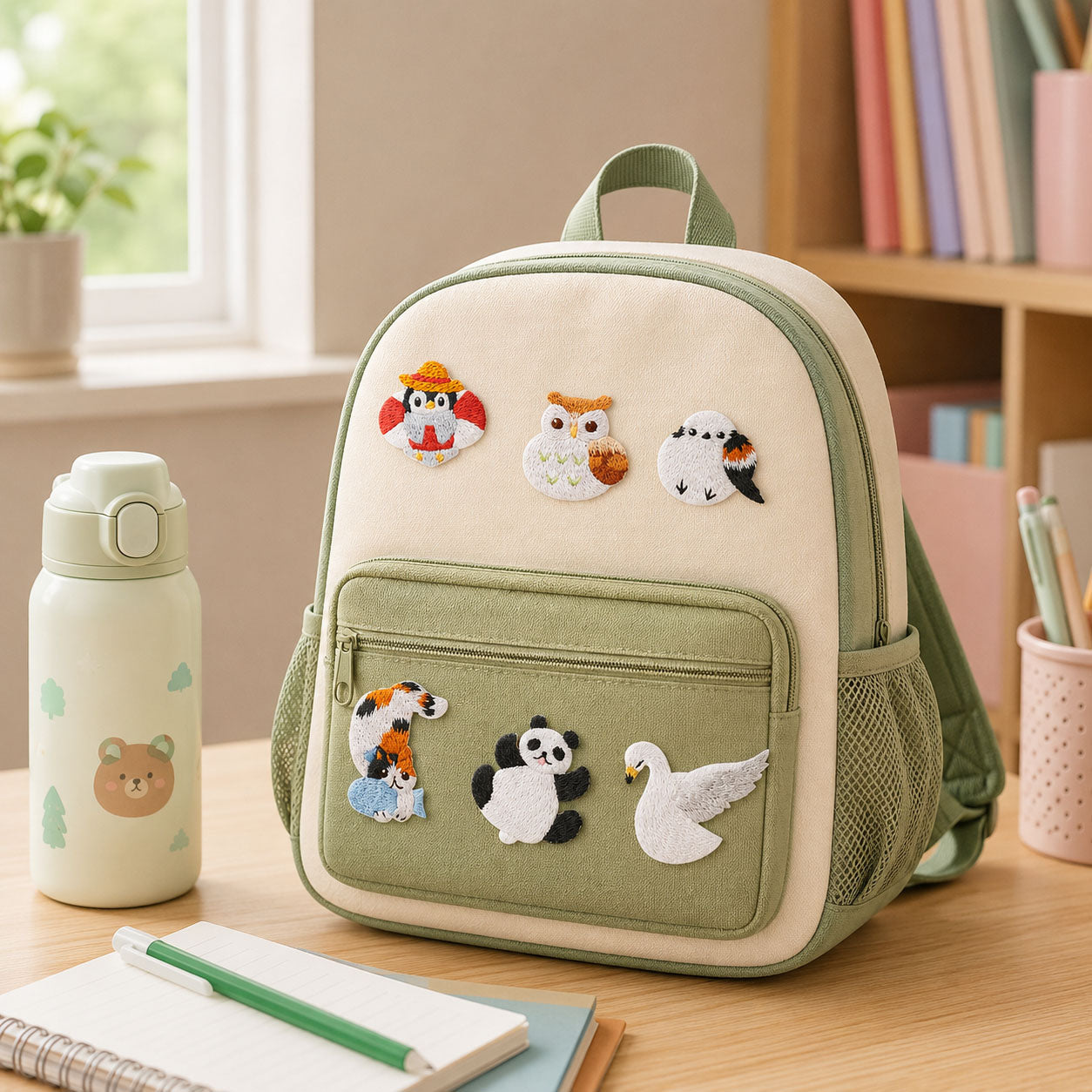 owl penguin bird cat panda and swan stick-on patches decorating a two-tone canvas school backpack with books and stationery