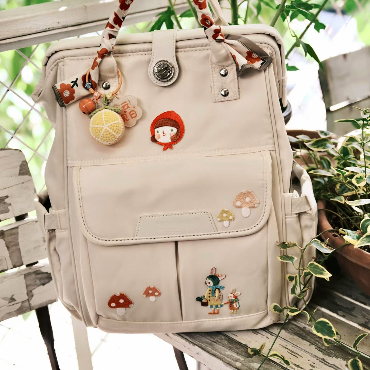 polka dot mushroom embroidered patches on backpack