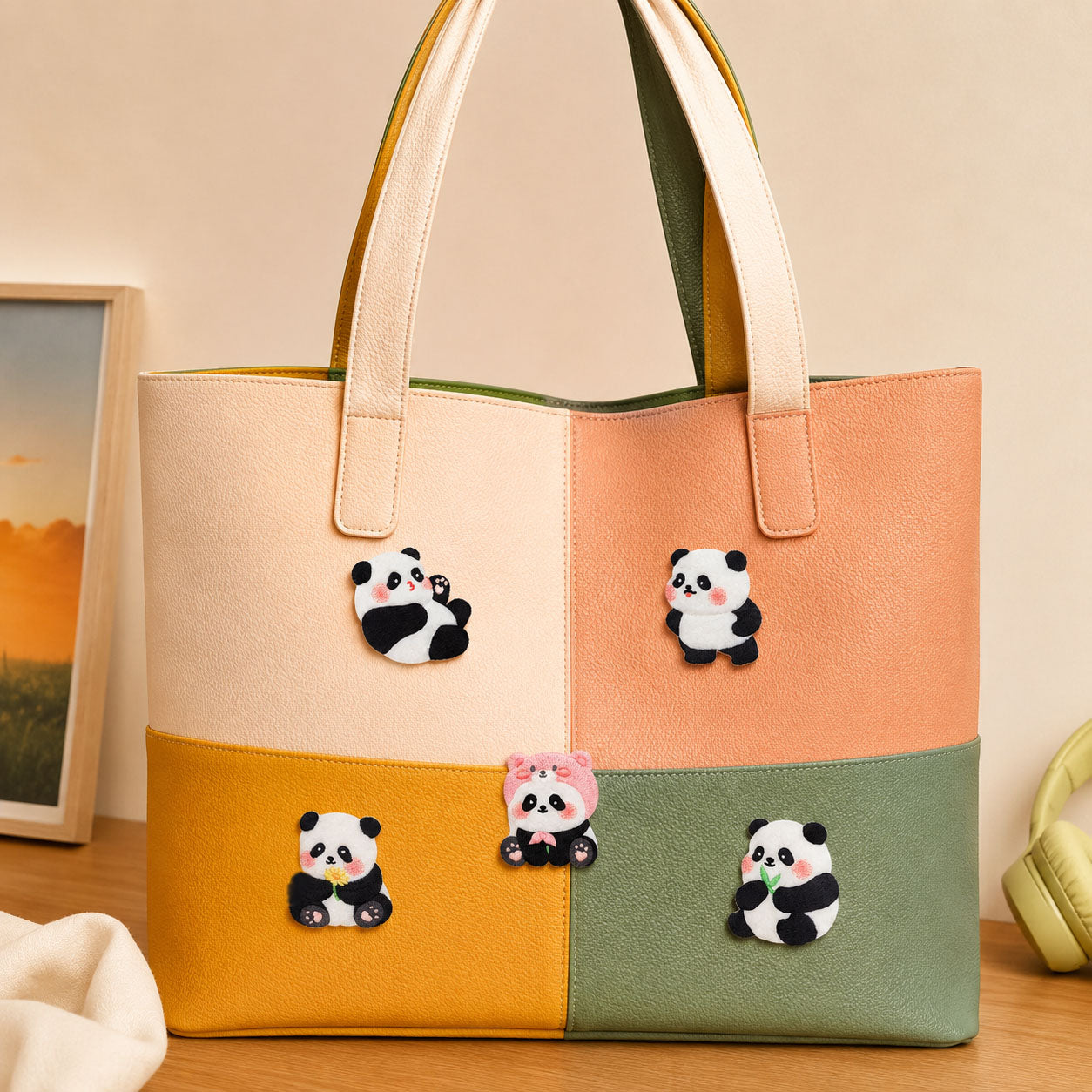 five kawaii celebrity panda embroidered patches on a cream pink orange yellow and green color-block leather tote bag