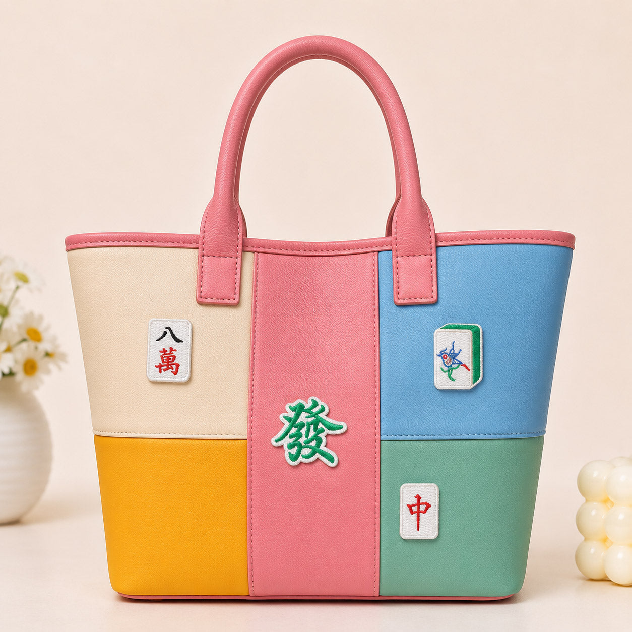 lucky mahjong embroidered stick-on patch on tote bag