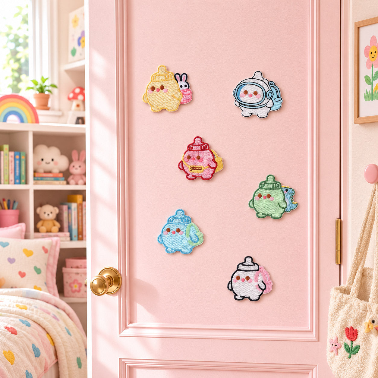 six kawaii chubby baby bottle elf embroidered patches in bunny astronaut dinosaur and elephant costumes stuck on a pink bedroom door