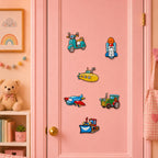 colorful cartoon scooter space rocket yellow submarine blue airplane green tractor and bulldozer stick-on patches scattered on a pink door in a pastel room