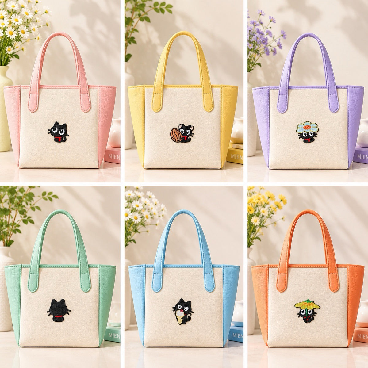 Red scarf black cat embroidered stick-on patches decorating tote bags in six pastel color combinations
