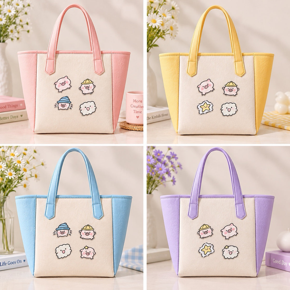 Piglet, star, and cloud embroidered stick-on patches decorating pink, yellow, blue, and lavender tote bags

