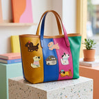 cute dachshund and puppy stick-on patches decorating a yellow blue pink and green color-block leather handbag