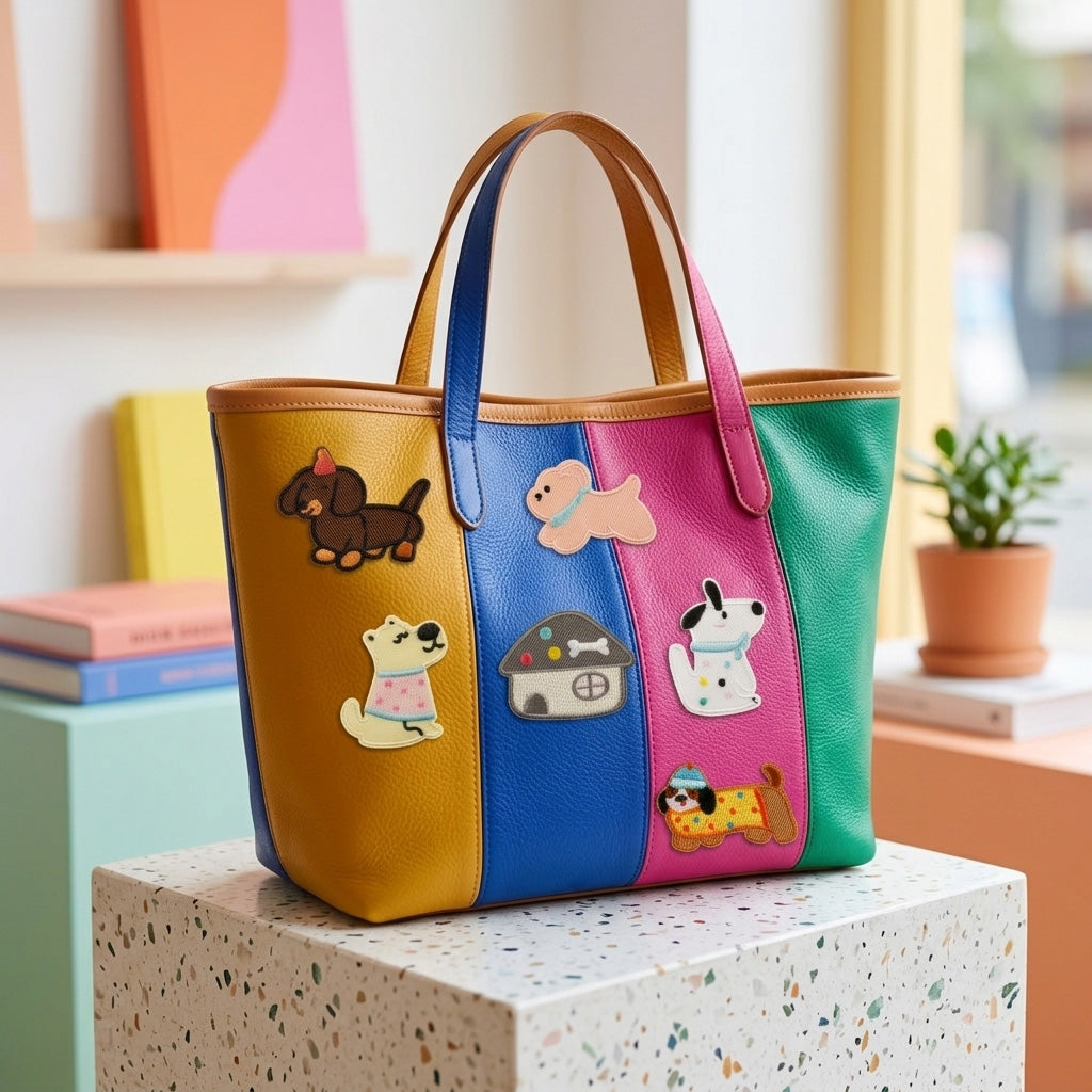 cute dachshund and puppy stick-on patches decorating a yellow blue pink and green color-block leather handbag
