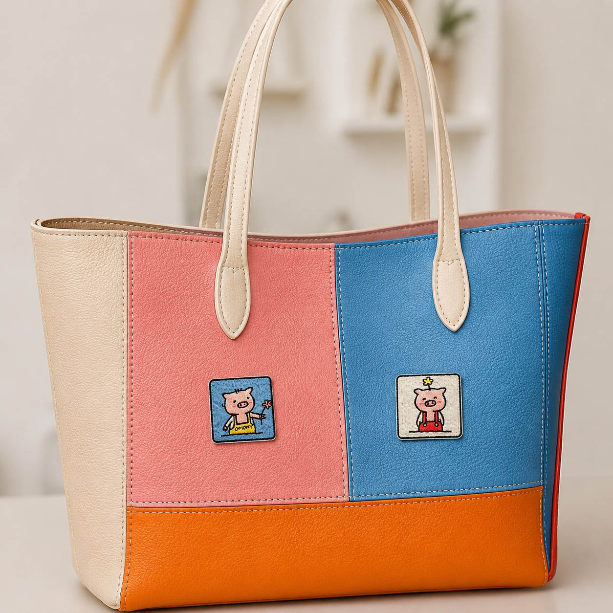 kawaii pink piggy couple patches in square frames one holding daisy with omori text and one in red suspenders with hair flower on a cream pink blue and orange tote bag