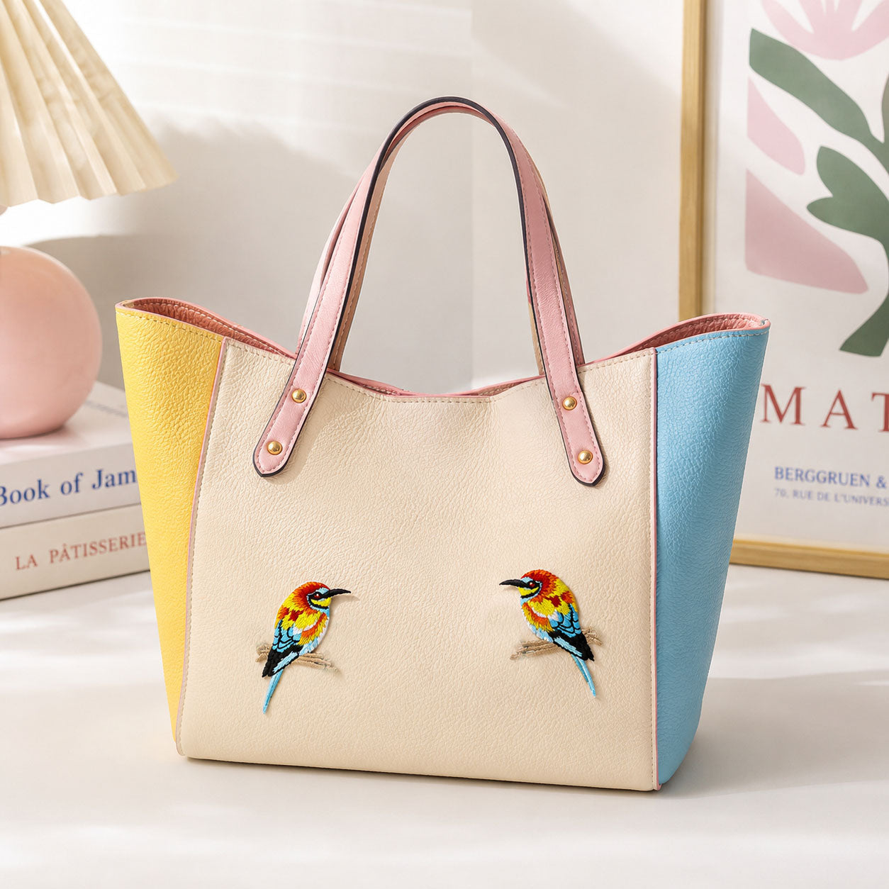 two colorful bee-eater bird embroidered patches with red orange yellow and blue plumage perched on branches on a cream yellow and blue colorblock tote bag