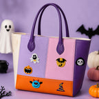 kawaii halloween patches with bow tie ghost jack-o-lantern bat moon skull badge blue devil face and striped witch hat on a lavender purple pink tote bag
