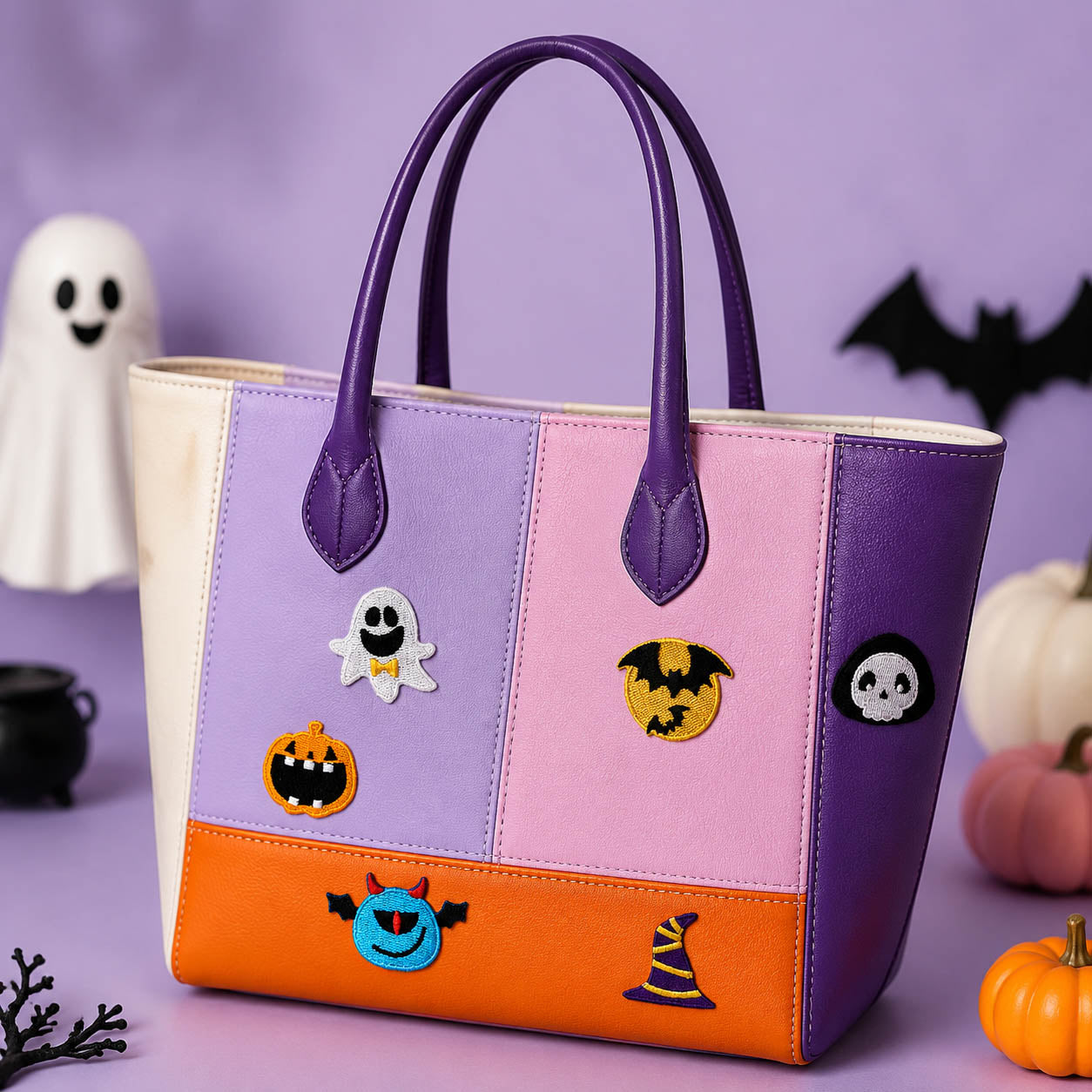 kawaii halloween patches with bow tie ghost jack-o-lantern bat moon skull badge blue devil face and striped witch hat on a lavender purple pink tote bag
