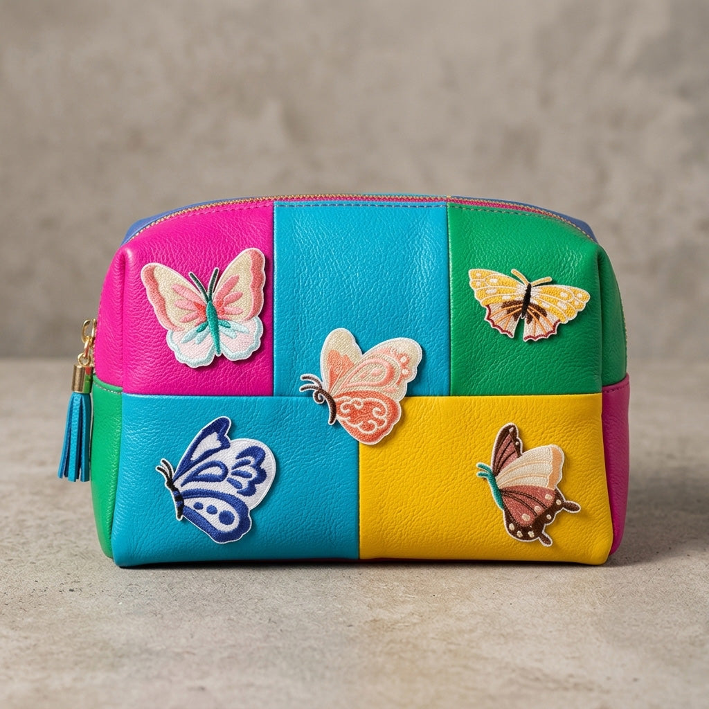 five vintage botanical butterfly embroidered patches on a colorblock leather cosmetic pouch