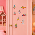 cartoon astronaut embroidered patches displayed on door