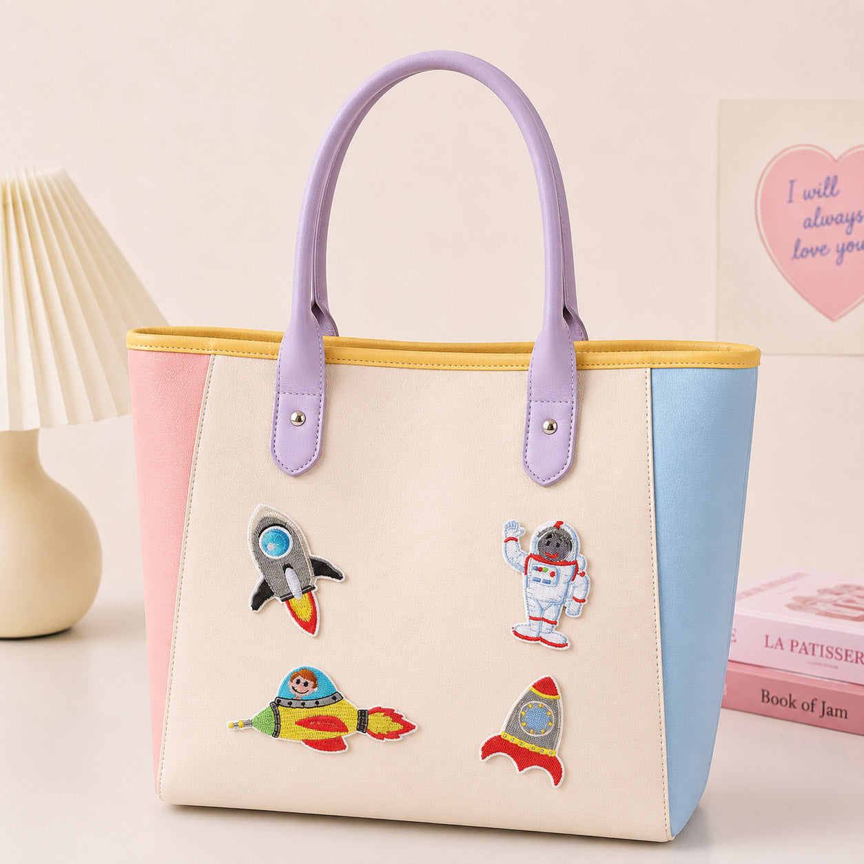 astronaut and space embroidered stick-on patches on canvas tote bag