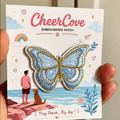 animated hand holding packaged elegant gold-edged butterfly embroidered patches showing detailed embroidery texture