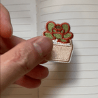 animated hand holding packaged mini potted succulent embroidered patches showing multiple succulent styles and detailed embroidery texture