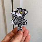animated hand holding packaged funny climbing grey tabby cat embroidered patches showing four styles and detailed embroidery texture