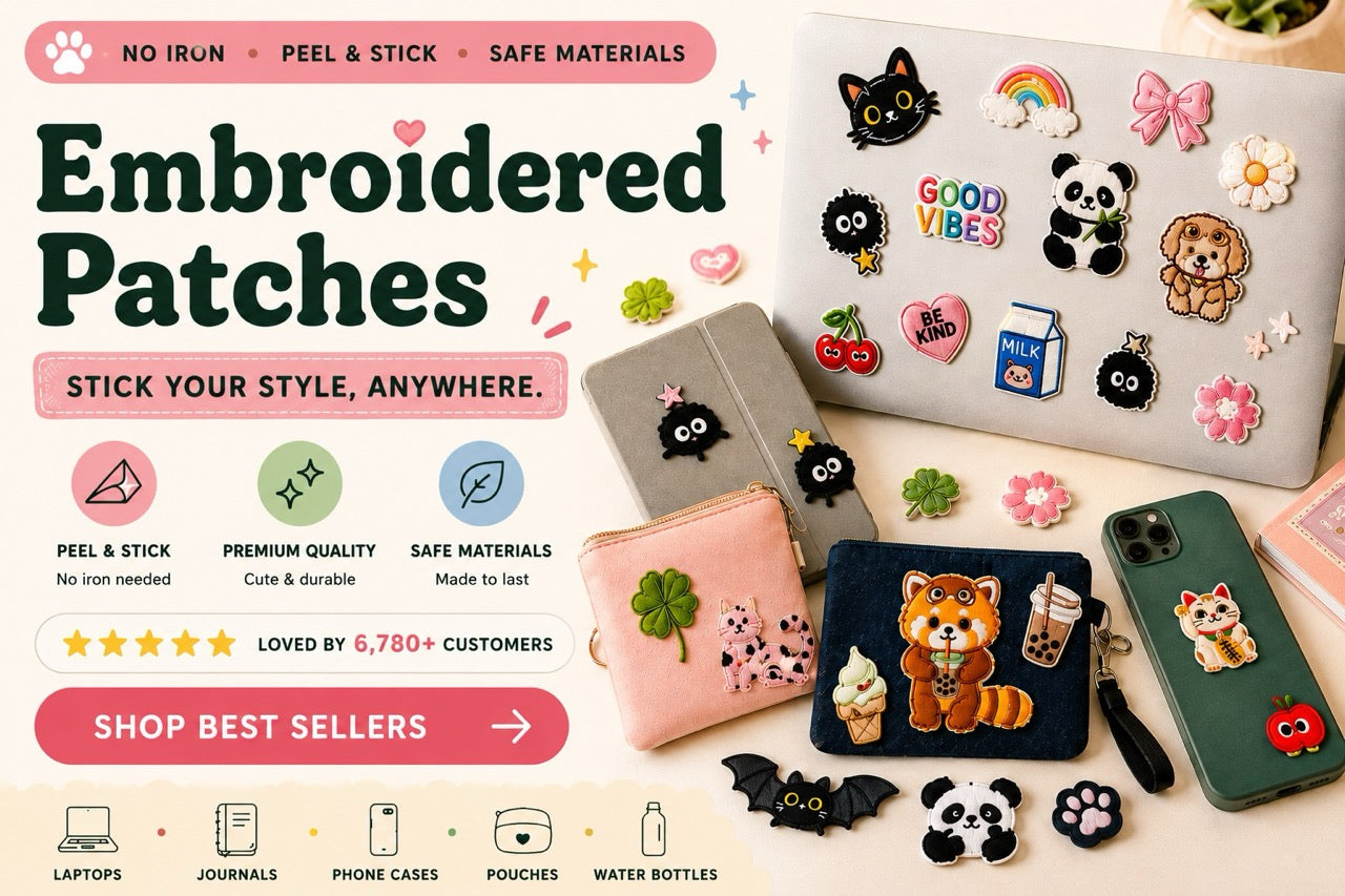 CheerCove kawaii embroidered patches — peel and stick, no iron needed, safe materials. Patches on laptop, phone case, and pouches. Loved by 6,780+ customers.
