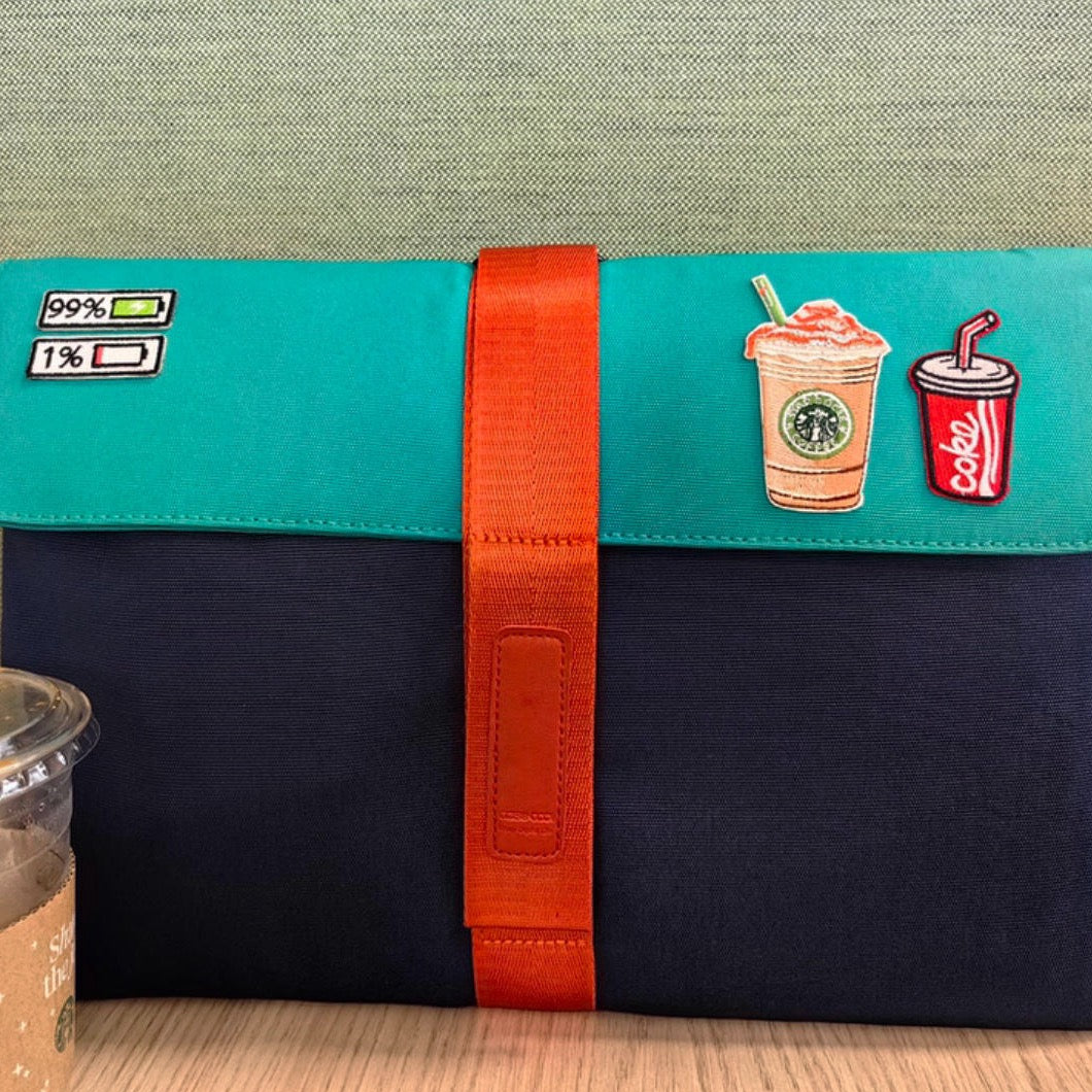 battery status stick-on embroidered patch on laptop bag