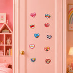 kawaii heart stick-on patches with cursive love rainbow cloud apple cow pattern tulip bouquet and rose in ten designs on a pink door in a girls room